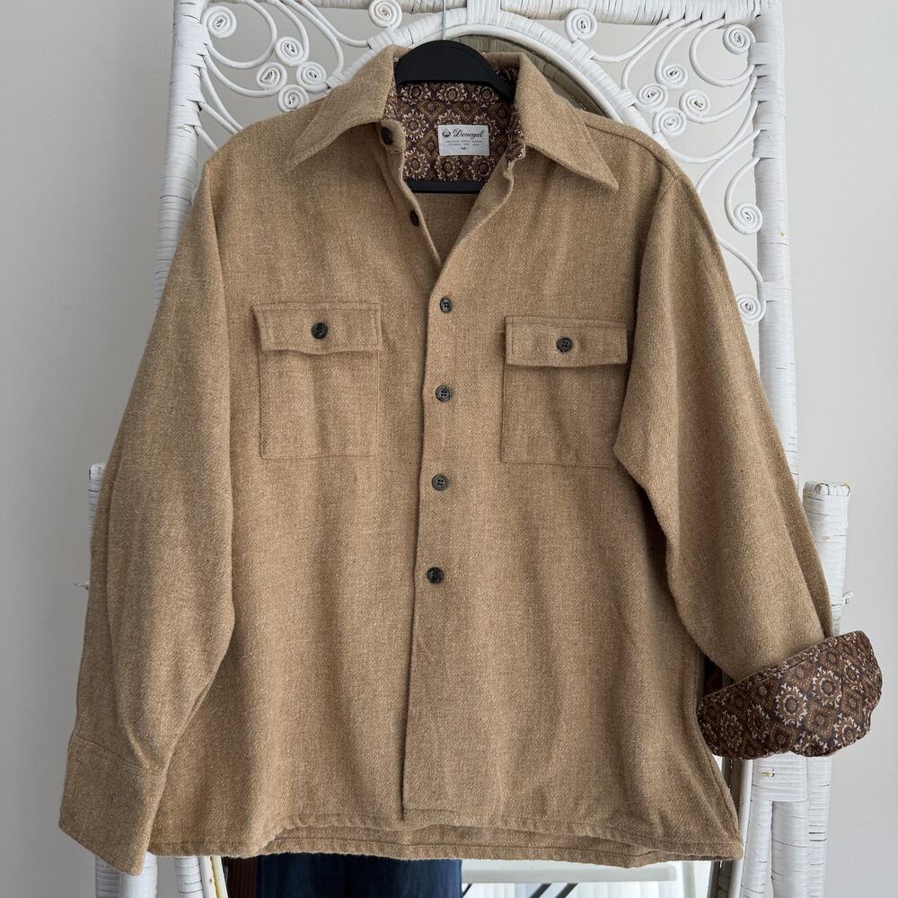 Vintage Donegal‎ Wool Shirt Mens Medium Beige 60s Button Up Flip Cuff Overshirt